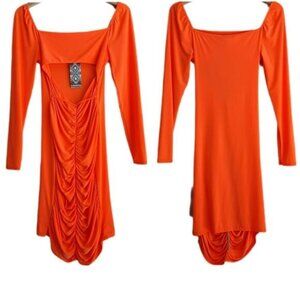 BOOHOO Cut-out Ruched Long Sleeve Mini Dress Orange Sz 8 Flawed
